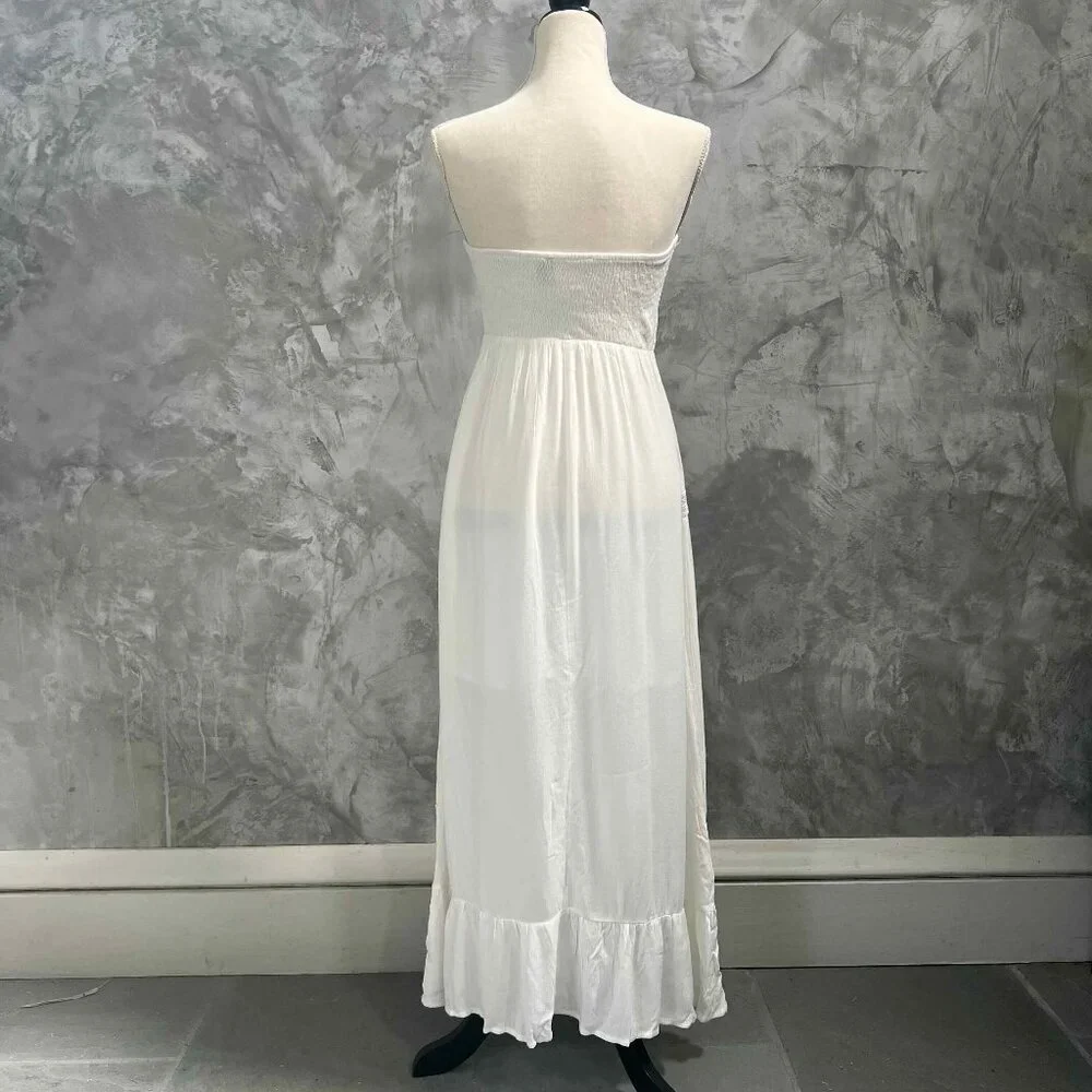 White Strapless Boho Embroidered A-Line Dress Holiday Wedding Romantic Festival - Picture 4 of 12